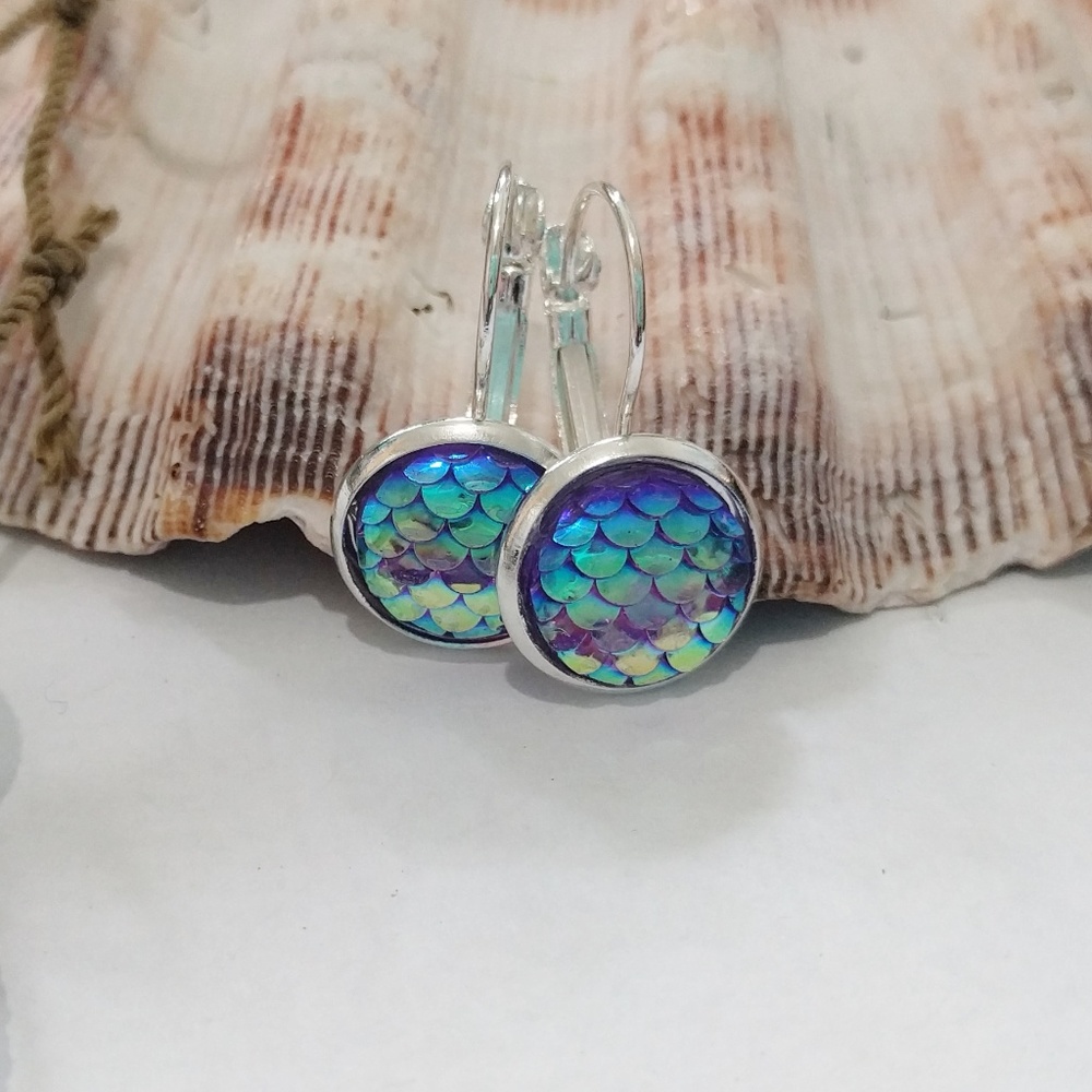 Sterling Silver AB Purple Mermaid Scale Earrings